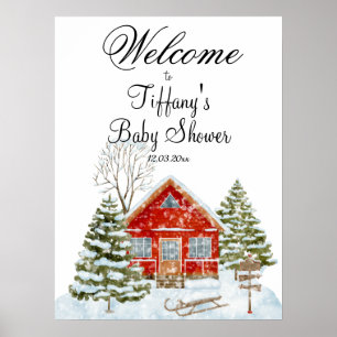 Winter Landscape Red House Baby Shower Welcome Poster