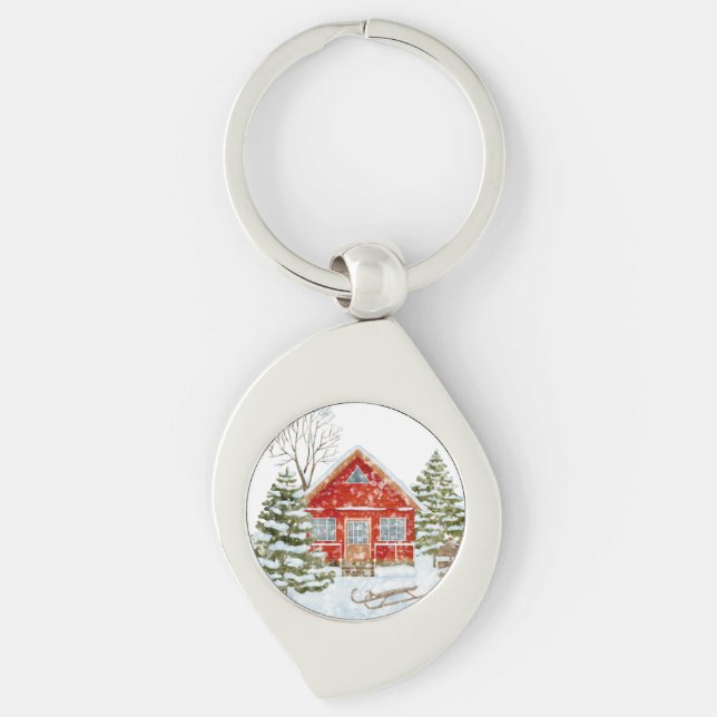Winter Landscape Red House  Key Ring (Front)