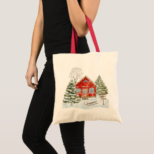 Winter Landscape Red House Tote Bag