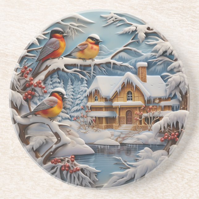 Winter Landscape, Snow, Colourful Birds Coaster (Front)