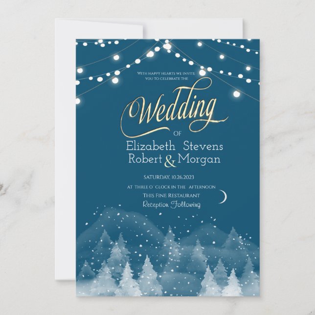 Winter Landscape Snow String Lights Wedding Invitation (Front)