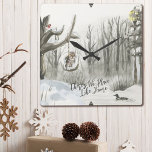 Winter Landscape There's No Place Like Home Square Wall Clock<br><div class="desc">Winter Landscape wall clock,  lettered with "There's No Place Like Home" in trendy script typography. This rustic country design has a watercolor scene of a snowy woodland path,  a lake with a duck,  a robin and an owl on the tree swing.</div>