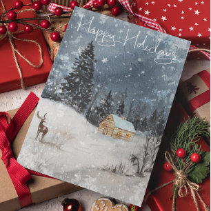 Winter landscape Watercolor Holiday Cabin Deer Postcard