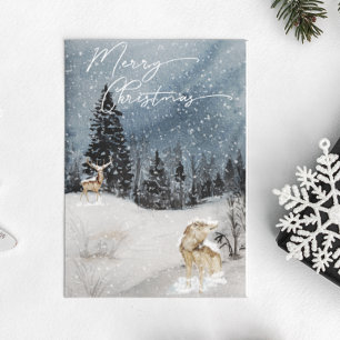 Winter landscape Watercolor Holiday wolf Postcard