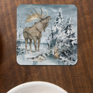 Winter landscape Watercolor Moose   Coaster