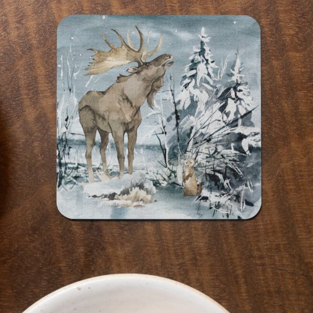Winter landscape Watercolor Moose   Coaster (Creator Uploaded)