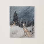 Winter Landscape Watercolor Wolf Deer Jigsaw Puzzle<br><div class="desc">This design may be personalised by clicking the customise button and changing the colour, adding a name, initials or your favourite words. Contact me at colorflowcreations@gmail.com if you with to have this design on another product. Purchase my original abstract acrylic painting for sale at www.etsy.com/shop/colorflowart. See more of my creations...</div>