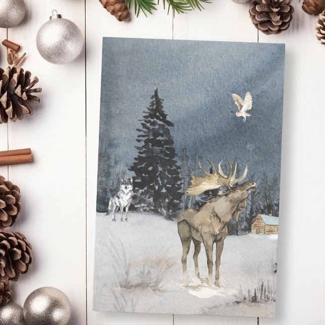 Winter Landscape Watercolor Wolf Moose Scene  Tissue Paper (Creator Uploaded)