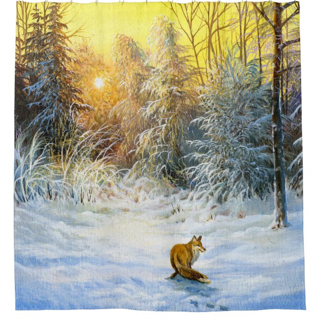 Winter landscape with a fox on a decline shower curtain (Front)