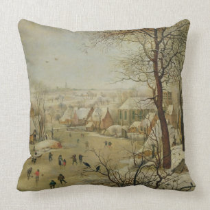 Winter Landscape with Bird Trap (oil on panel) Cushion