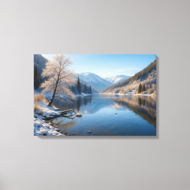 Winter landscape with clear mountain lake canvas print (Front)
