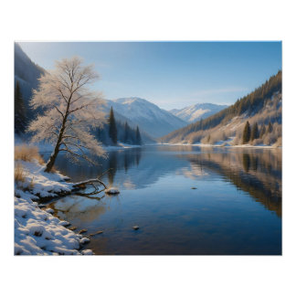 Winter landscape with clear mountain lake poster
