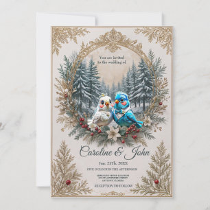 Winter landscape with cute bird wedding couple. invitation