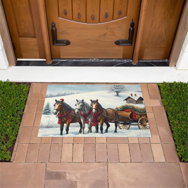 Winter Landscape with Horses and Cabin Doormat (Outdoor)