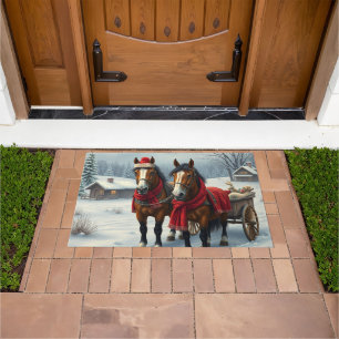 Winter Landscape with Horses and Cabin Doormat