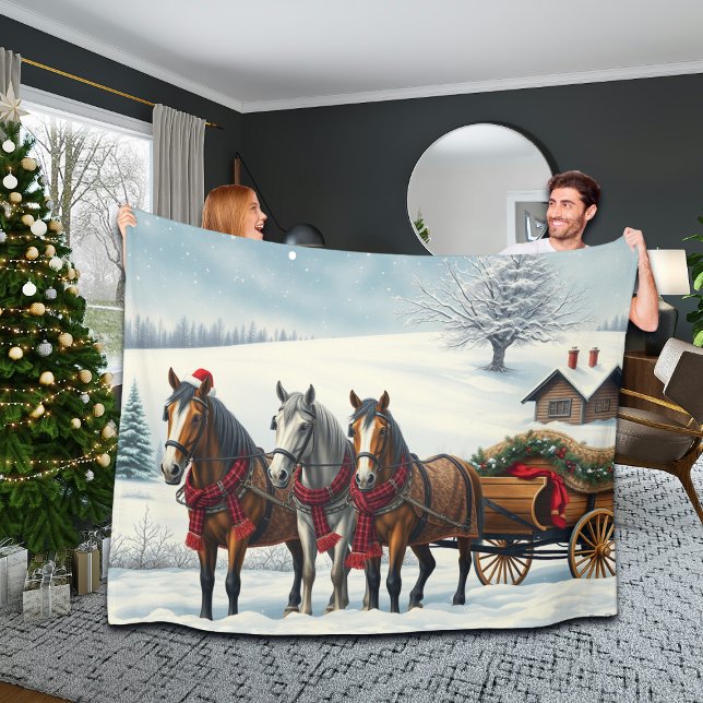 Winter Landscape with Horses and Cabin Fleece Blanket (Creator Uploaded)