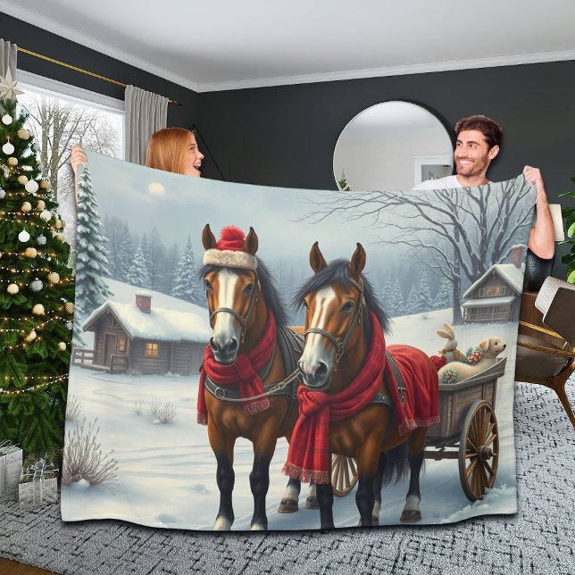 Winter Landscape with Horses and Cabin Fleece Blanket (Creator Uploaded)
