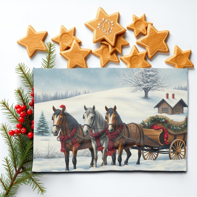 Winter Landscape with Horses and Cabin Tea Towel (Creator Uploaded)