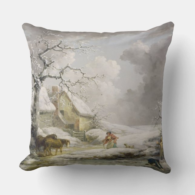Winter Landscape with Men Snowballing an Old Woman Cushion (Front)