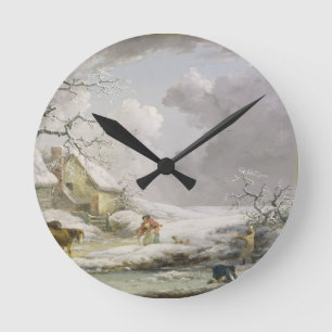 Winter Landscape with Men Snowballing an Old Woman Round Clock