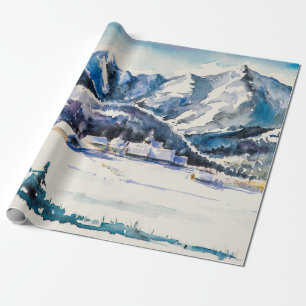 Winter landscape with mountain village covered wit wrapping paper