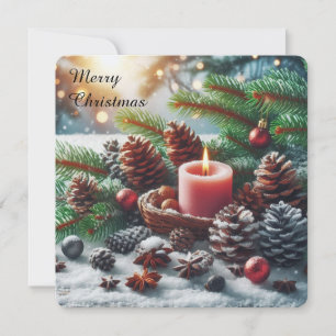 Winter landscape with snow and fir tree branch holiday card