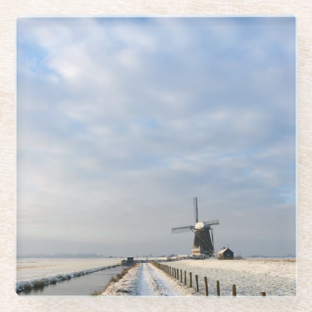 Winter landscape with snow and windmill in Holland Glass Coaster (Front)