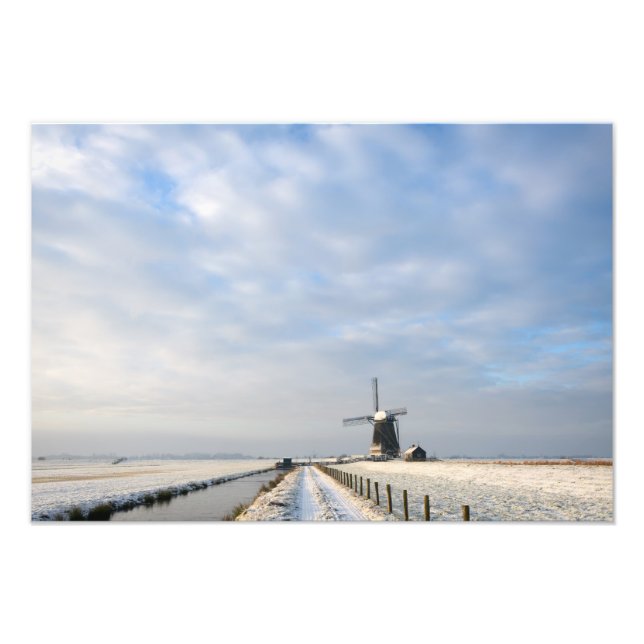 Winter landscape with snow and windmill in Holland Photo Print (Front)