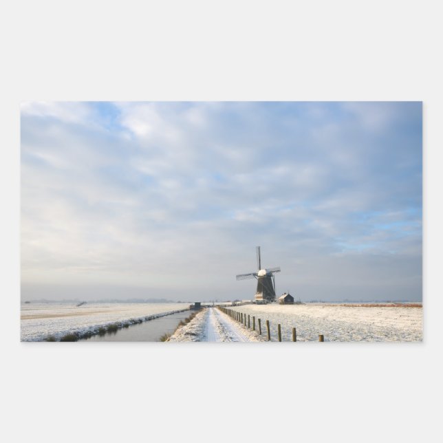 Winter landscape with snow and windmill in Holland Rectangular Sticker (Front)