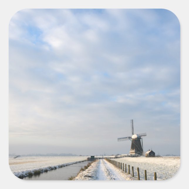 Winter landscape with snow and windmill in Holland Square Sticker (Front)