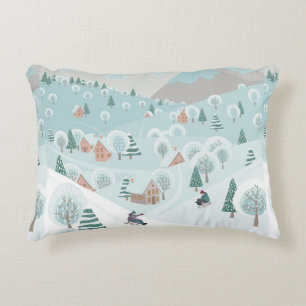 Winter landscape with snow, trees and children on  decorative cushion