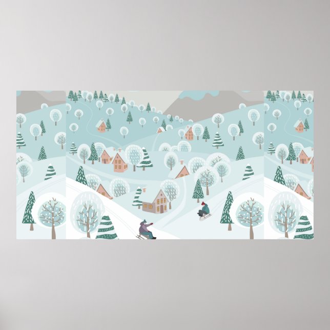 Winter landscape with snow, trees and children on  poster (Front)