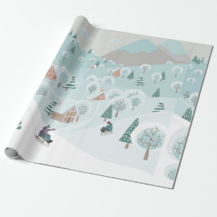 Winter landscape with snow, trees and children on  wrapping paper