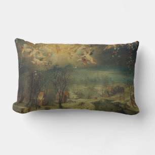 Winter Landscape With Villagers Gathering Wood Lumbar Cushion
