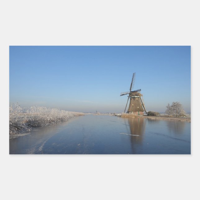 Winter landscape with windmill and ice rectangular sticker (Front)