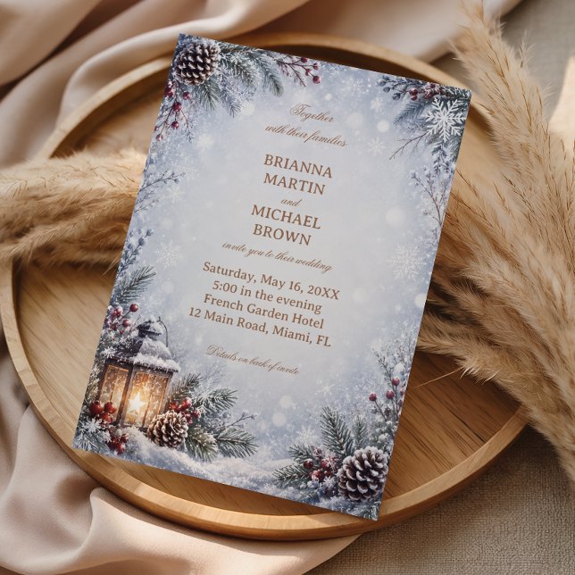 Winter Lantern Pinecone Snowy Romance Invitation (Creator Uploaded)