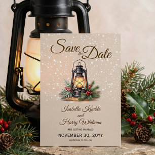 Winter Lantern Rustic Snowy Photo Save The Date