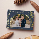 Winter Laurel | Peace on Earth Photo<br><div class="desc">A chic and elegant holiday card design featuring a single horizontal or landscape-orientated photo in a unique arched layout, embellished with finely detailed botanical foliage in luxe gold foil. "Peace on Earth" appears at the top left, with your family name along the bottom. A refined nature-inspired choice for your Christmas...</div>