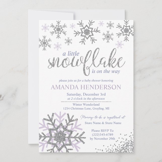 Winter Lavender Snowflake Baby Shower  Invitation (Front)