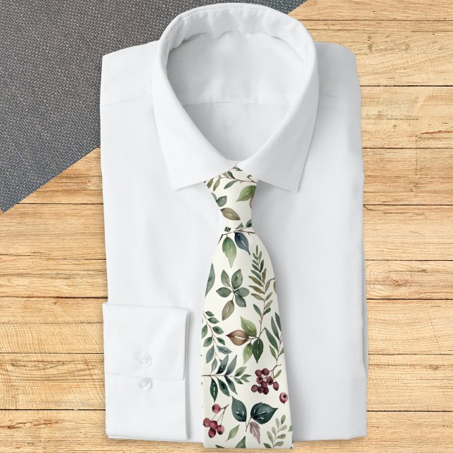 Winter Leaves and Berries Men's Botanical Tie (A stylish tie with botanical pattern of green leaves and red berries on a light cream background)