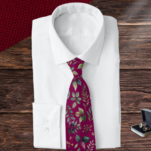 Winter Leaves and Berries Men's Burgundy Botanical Tie