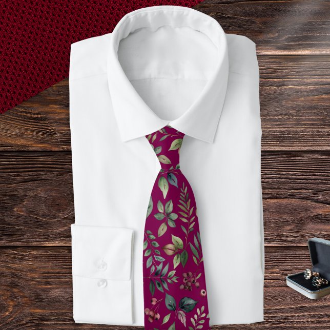 Winter Leaves and Berries Men's Burgundy Botanical Tie (A tie in rich burgundy red with winter botanical pattern of leaves and berries)