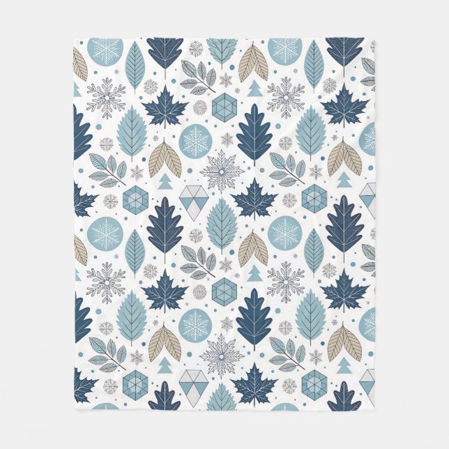 Winter Leaves and Snow Shapes Fleece Blanket (Front)