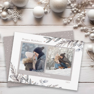 Winter Leaves and Sprigs Watercolor 2 Photos Holiday Card