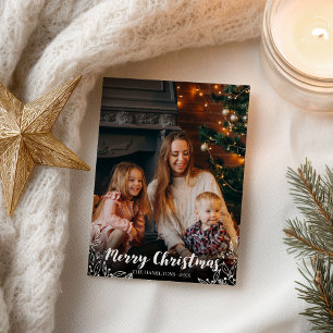 Winter Leaves White Script Photo Merry Christmas Postcard