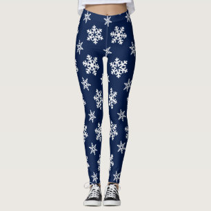 Winter Leggings, White Snowflakes on Midnight Blue Leggings