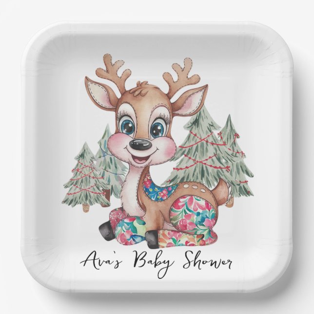 Winter Little Reindeer Sewn Patchwork Baby Shower Paper Plate (Front)