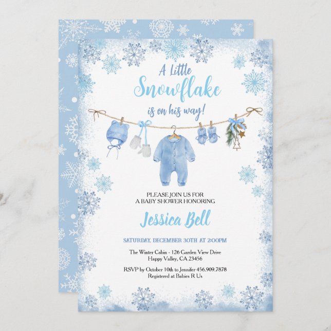 Winter Little Snowflake Baby Shower Boy Blue Invitation (Front/Back)
