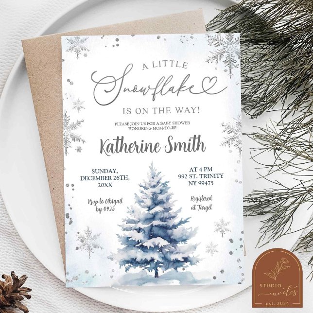 Winter Little Snowflakes Pine Tree Baby Shower Invitation (Creator Uploaded)