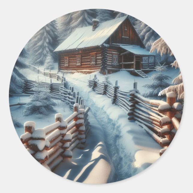 Winter Log Cabin on a Snowy Day Christmas Classic Round Sticker (Front)